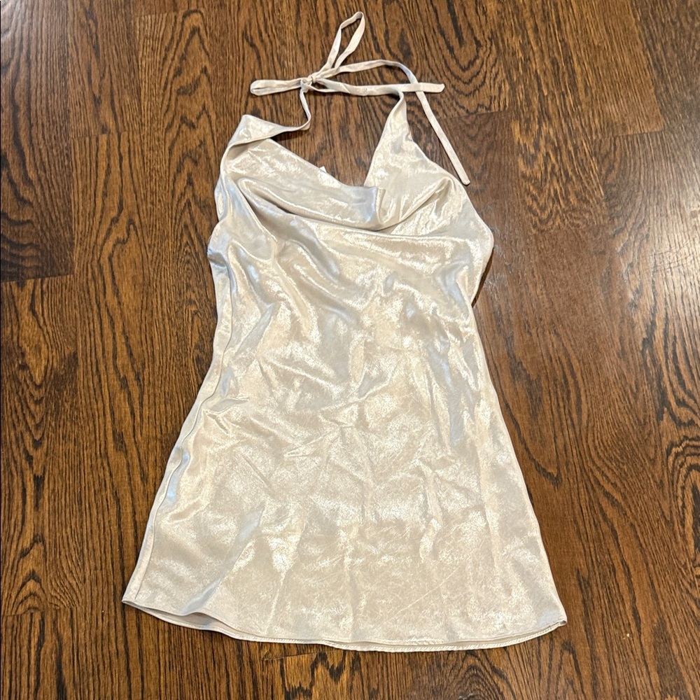 Zara Shimmering Halter Mini Dress with draped front and open back